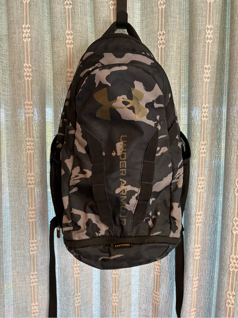 Under Armour Black and Gray Camo Backpack with Gold Logo